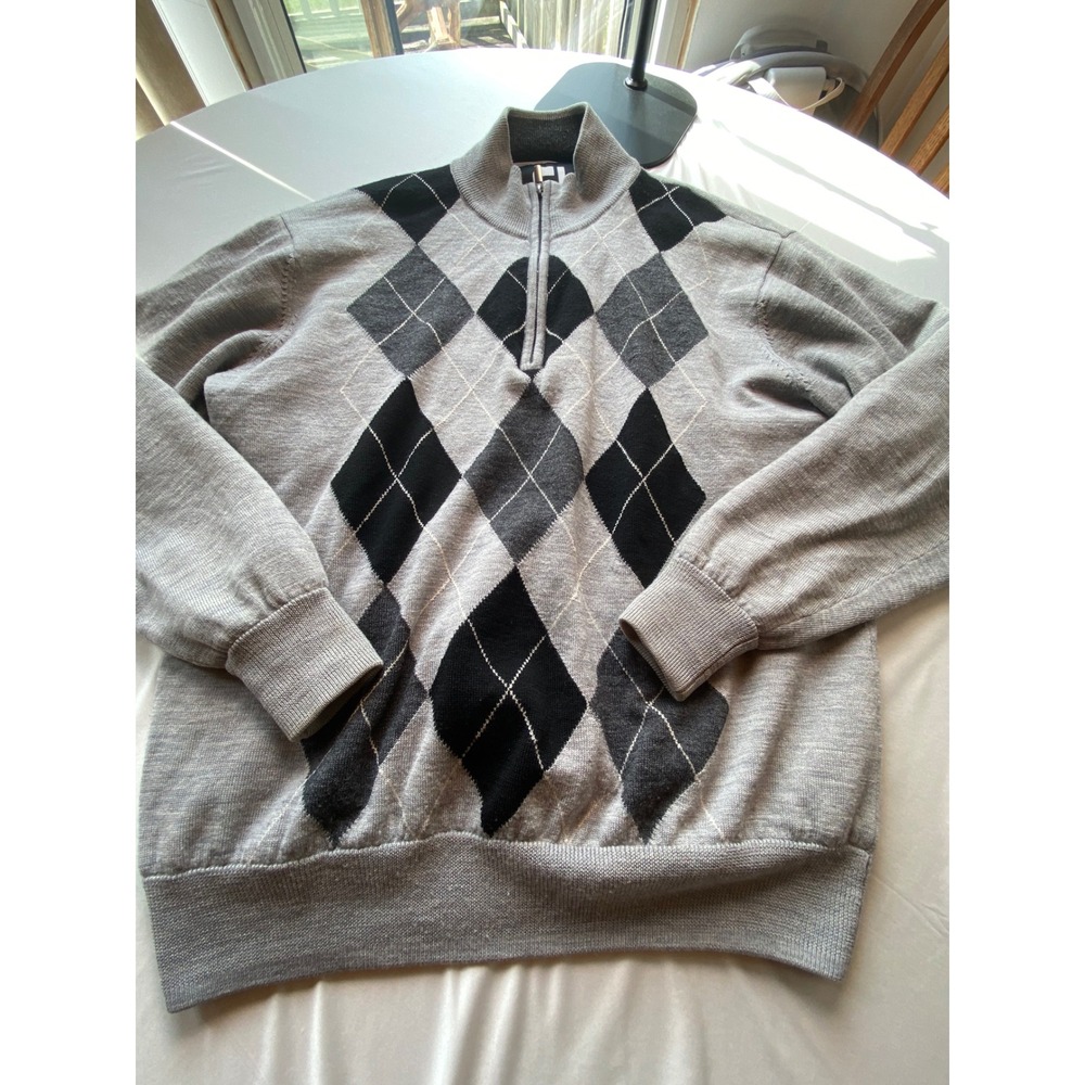 FootJoy Mens L Argyle 100% Wool Lined Quarter Zip Golf Sweater Grey Black FJ